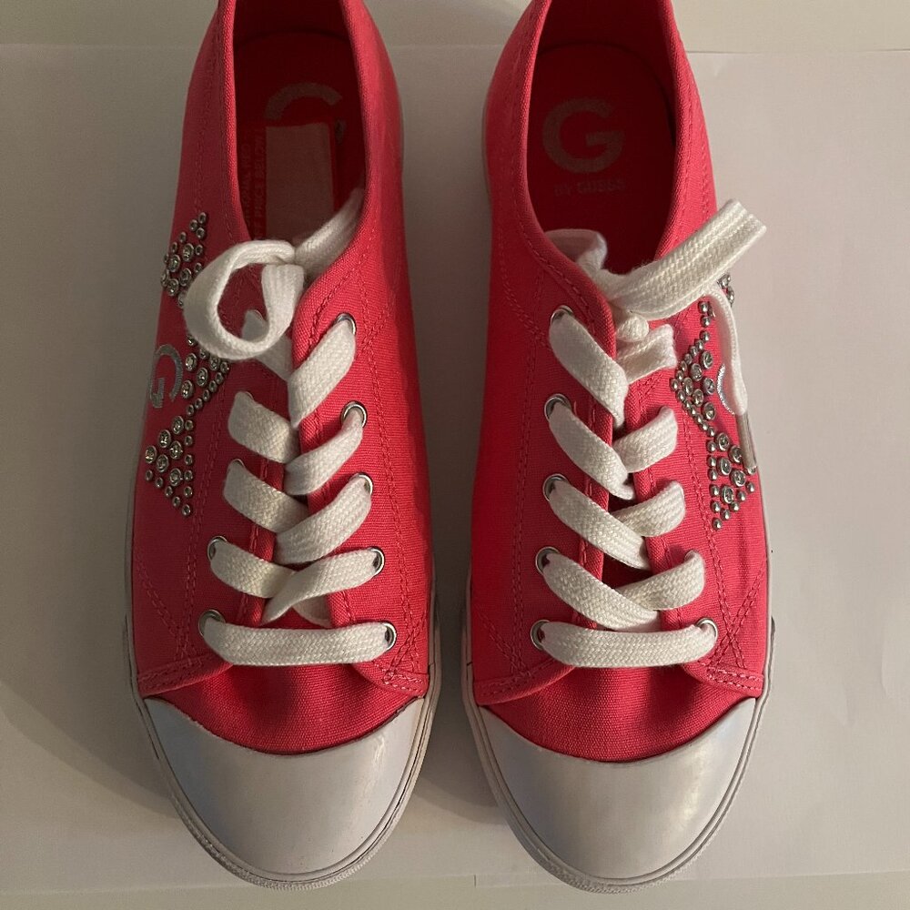 G BY GUESS - Hot Pink Canvas Low Top Sneakers with Rhinestones, Size 9